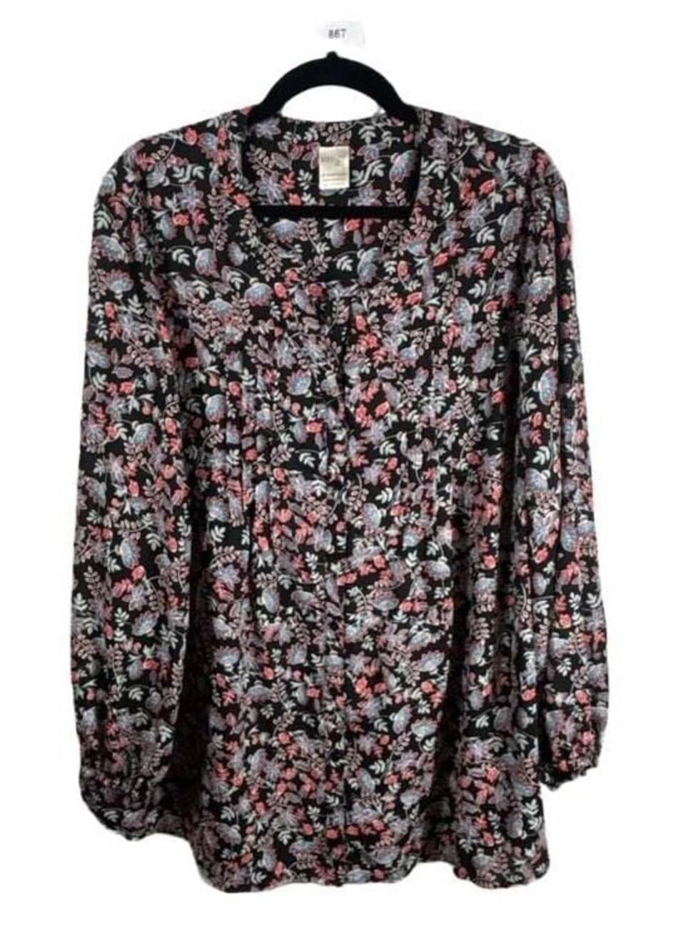 Terra & Sky Women's Plus Size 2X Black Floral Print Long Sleeve Button-Up Blouse